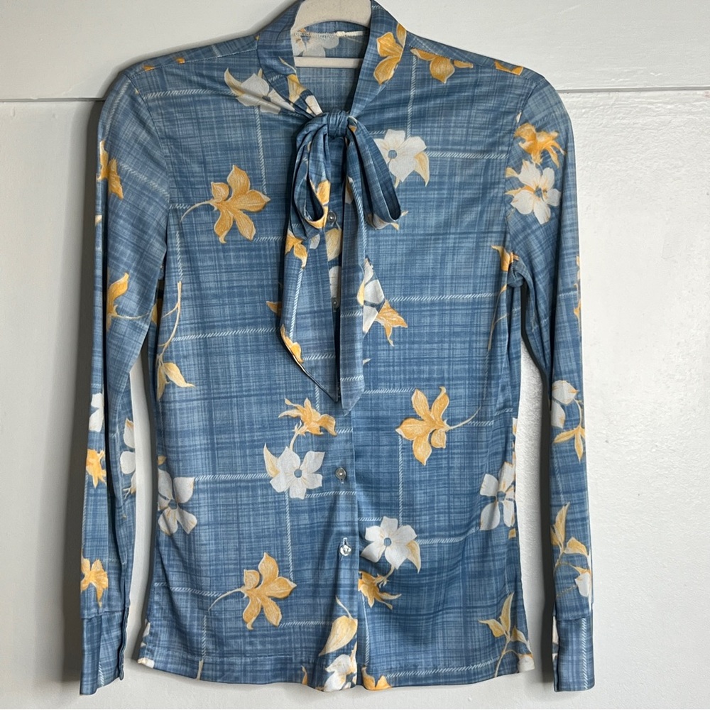 Vintage Blue Floral Tie-Neck Long Sleeve Blouse